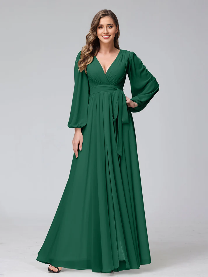 Chiffon Long-Sleeve Deep V-Neck Self-Tie Waist A-Line Floor-Length Soft Mint Bridesmaid Dresses