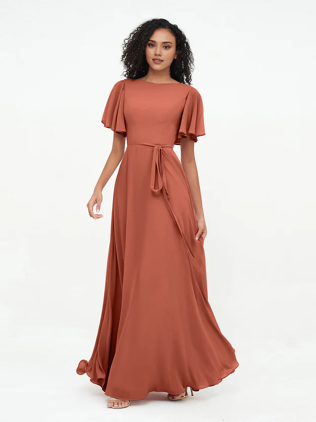 Chiffon Short-Sleeve Boat Neck Tie-Waist A-Line Floor-Length Bridesmaid Dresses