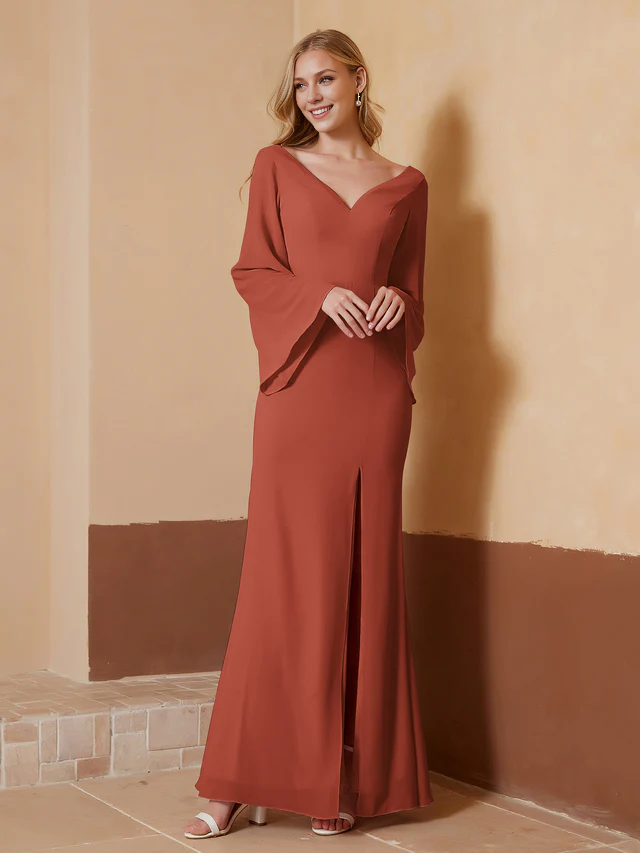 Chiffon Bell-Sleeve Deep V-Neck Ruched Bodice Sheath Floor-Length Bridesmaid Dresses