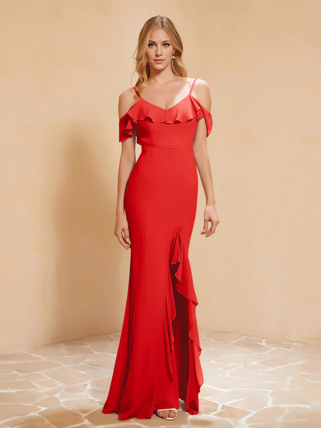 Chiffon Off-Shoulder Ruffled Bodice Sheath High-Slit Floor-Length Bridesmaid Dresses