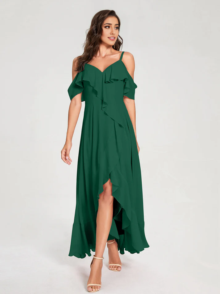 Chiffon Cold-Shoulder Spaghetti-Strap High-Slit Asymmetrical Floor-Length Stylish Bridesmaid Dress
