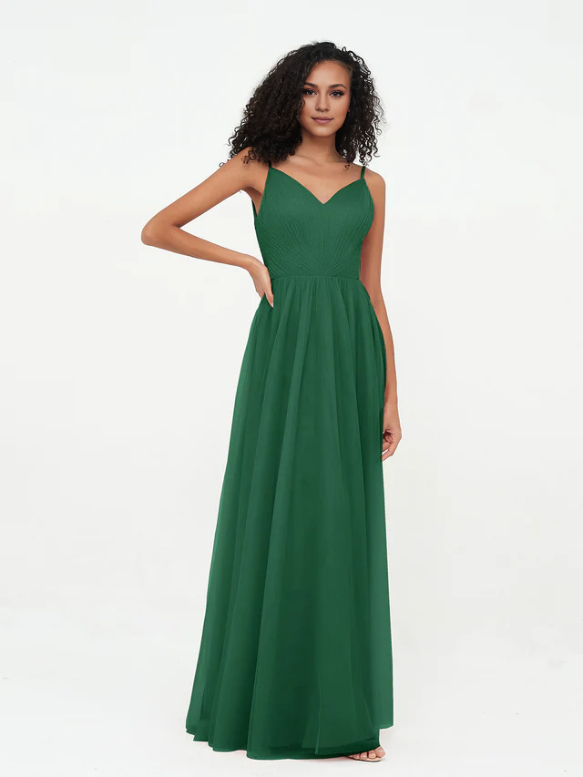 Chiffon Spaghetti-Strap V-Neck Ruched Bodice A-Line Floor-Length Bridesmaid Dresses