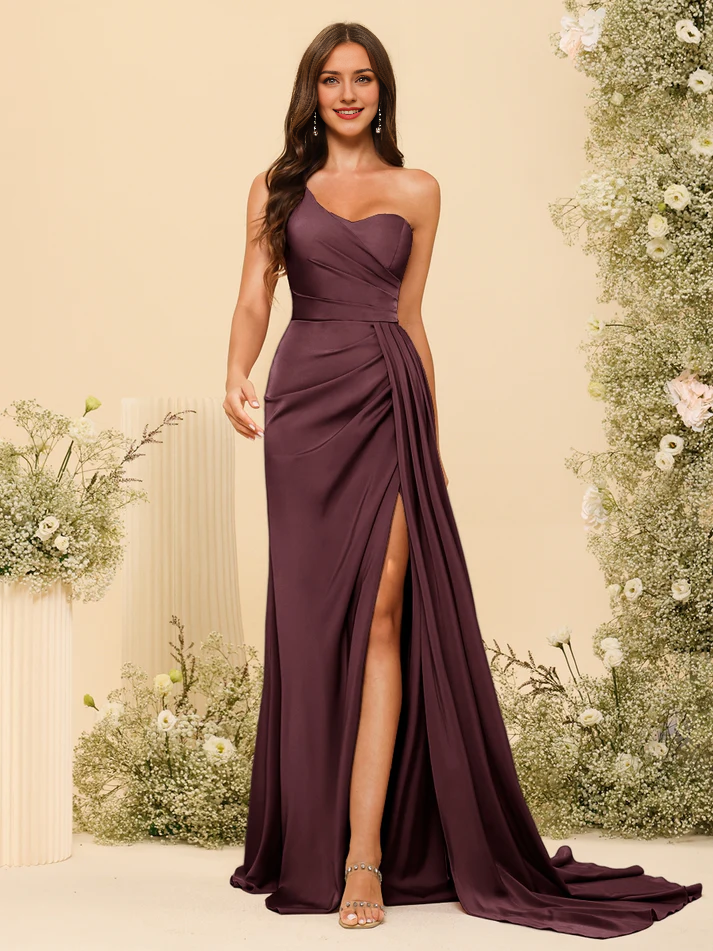 Satin Sweetheart Neckline Ruched Bodice High-Slit Sheath Train Floor-Length Bridesmaid Dresses