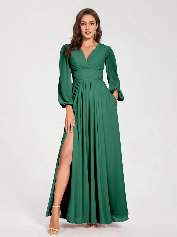 Chiffon Puff-Sleeve V-Neck Ruched Bodice High-Slit A-Line Floor-Length Bridesmaid Dresses