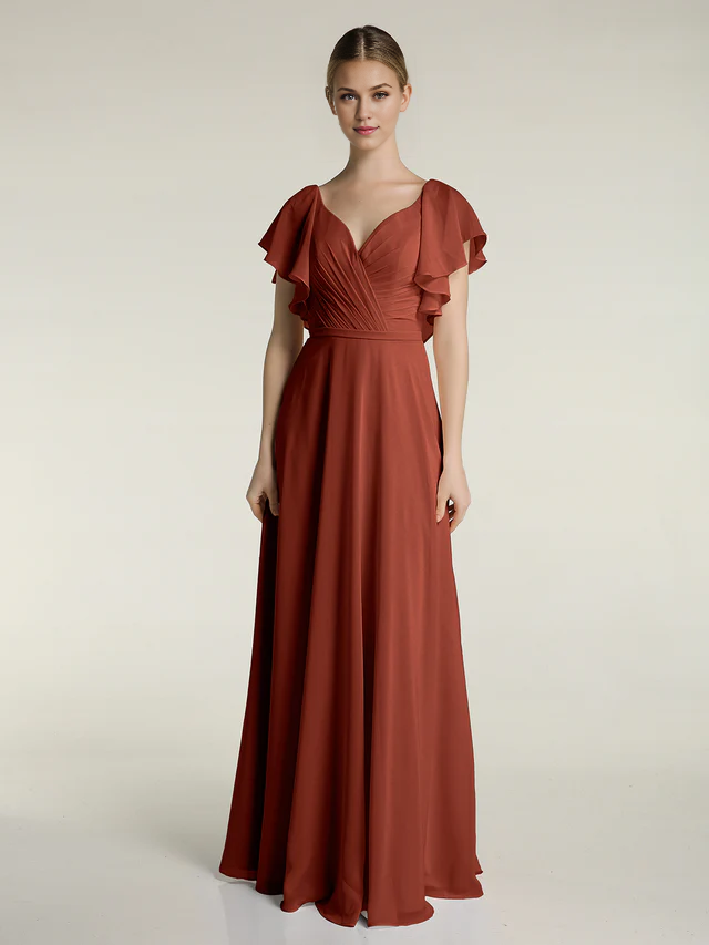 Chiffon Flutter-Sleeve V-Neck Ruched Bodice A-Line Floor-Length Bridesmaid Dresses