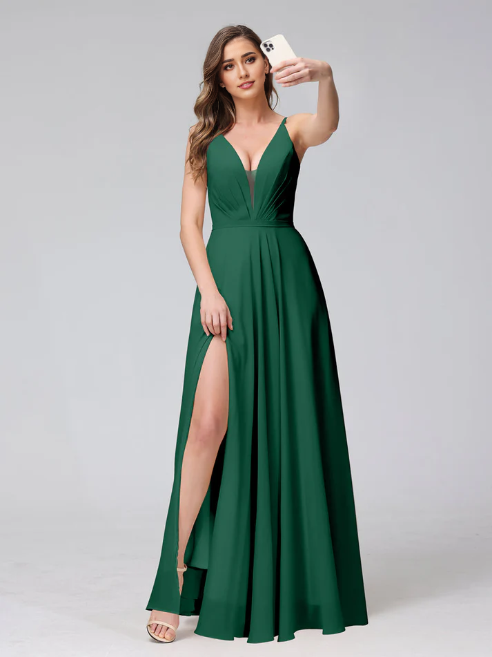 Chiffon Spaghetti-Strap V-Neck Ruched Bodice High-Slit A-Line Floor-Length Romantic Bridesmaid Dress