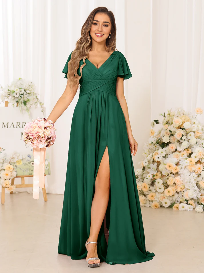 Chiffon Short-Sleeve V-Neck Ruched Bodice High-Slit A-Line Floor-Length Dusty Rose Bridesmaid Dresses