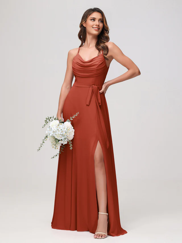 Chiffon Spaghetti-Strap Sweetheart Neckline Ruched Bodice High-Slit A-Line Floor-Length Bridesmaid Dresses