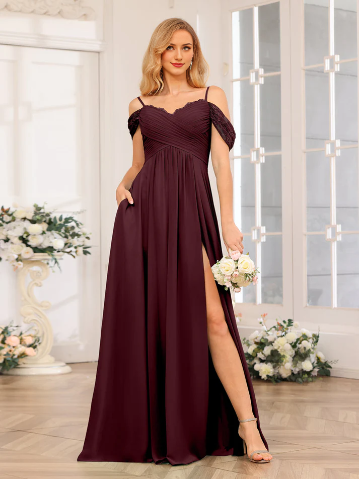 Chiffon Off-Shoulder Sweetheart Neckline Pocketed Bodice High-Slit A-Line Floor-Length Sage Green Bridesmaid Dresses