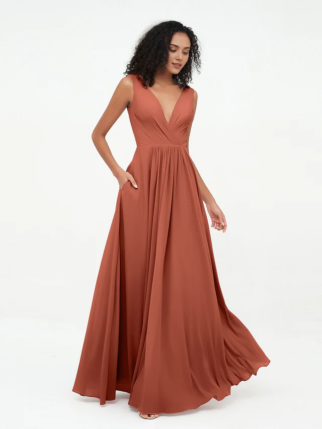 Chiffon Spaghetti-Strap Deep V-Neck Pocketed A-Line Floor-Length Bridesmaid Dresses