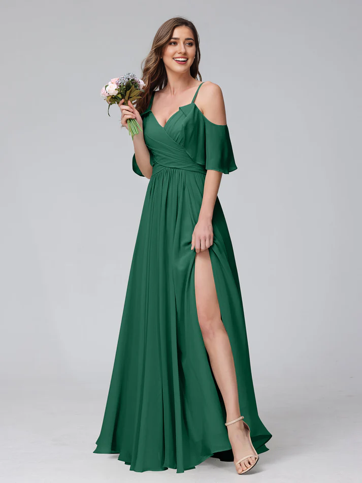 Chiffon Cold-Shoulder V-Neck Ruched Bodice High-Slit A-Line Floor-Length Romantic Bridesmaid Dress