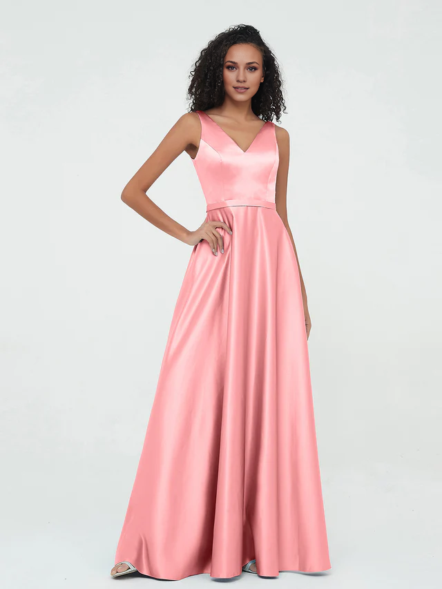 Satin Spaghetti-Strap V-Neck Ruched Bodice A-Line Floor-Length Bridesmaid Dresses