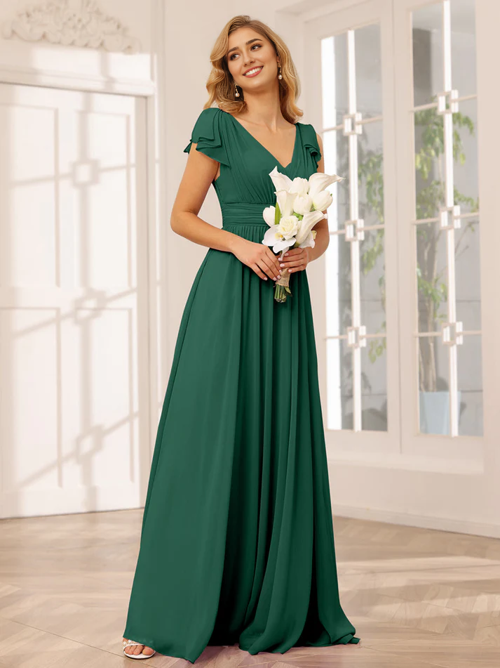 Chiffon Short-Sleeve V-Neck Ruched Bodice High-Slit A-Line Floor-Length Versatile Bridesmaid Dress