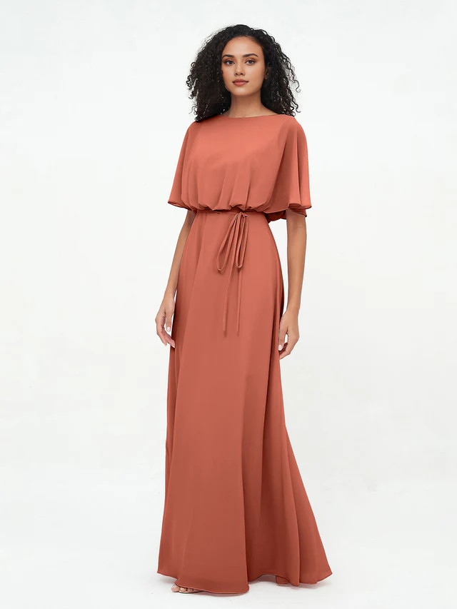 Chiffon Short-Sleeve Boat Neck Tie-Waist A-Line Floor-Length Bridesmaid Dresses