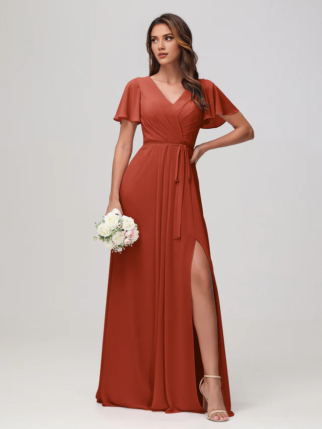 Chiffon Short-Sleeve V-Neck Ruched Bodice High-Slit A-Line Floor-Length Bridesmaid Dresses