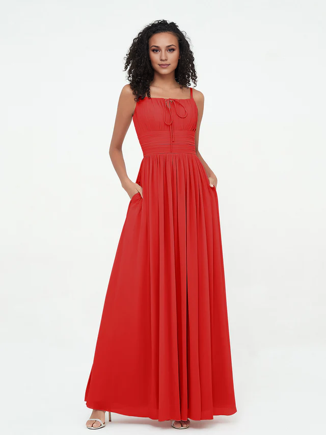 Chiffon Spaghetti-Strap Ruched Bodice Pocketed A-Line Floor-Length Bridesmaid Dresses