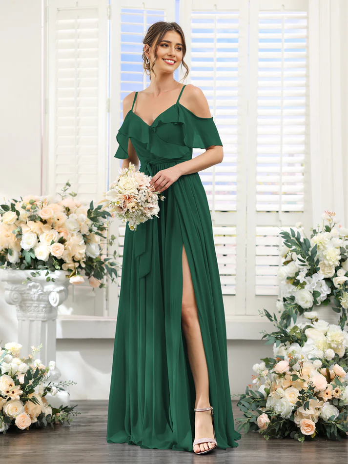 Chiffon Off-the-Shoulder Short-Sleeve Ruched Bodice High-Slit A-Line Floor-Length Elegant Bridesmaid Dress