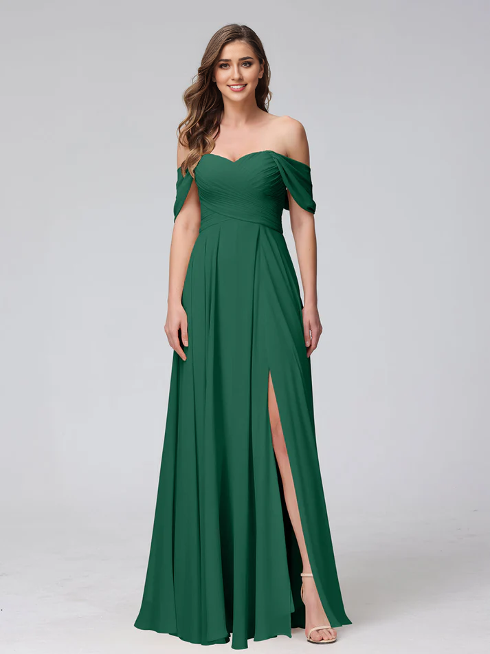 Chiffon Off-the-Shoulder Short-Sleeve Ruched Bodice High-Slit A-Line Floor-Length Elegant Bridesmaid Dress