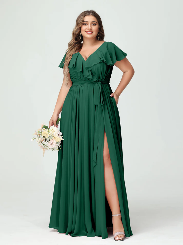 Chiffon Flutter-Sleeve V-Neck Pleated Bodice High-Slit A-Line Floor-Length Romantic Bridesmaid Dress