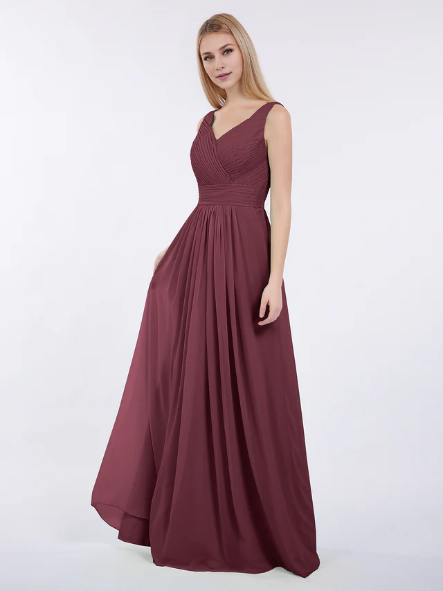 Chiffon Spaghetti-Strap V-Neck Ruched Bodice A-Line Floor-Length Bridesmaid Dresses