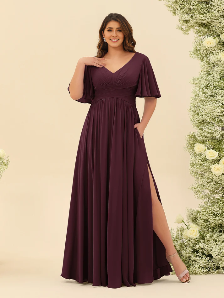 Chiffon Short-Sleeve V-Neck Ruched Bodice High-Slit A-Line Floor-Length Comfortable Bridesmaid Dress