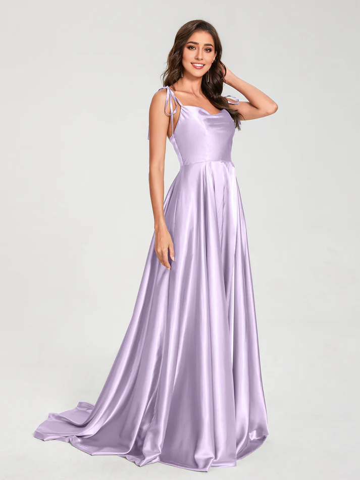 Satin Spaghetti-Strap V-Neck Ruched Bodice Train A-Line Floor-Length Luxe Bridesmaid Dress