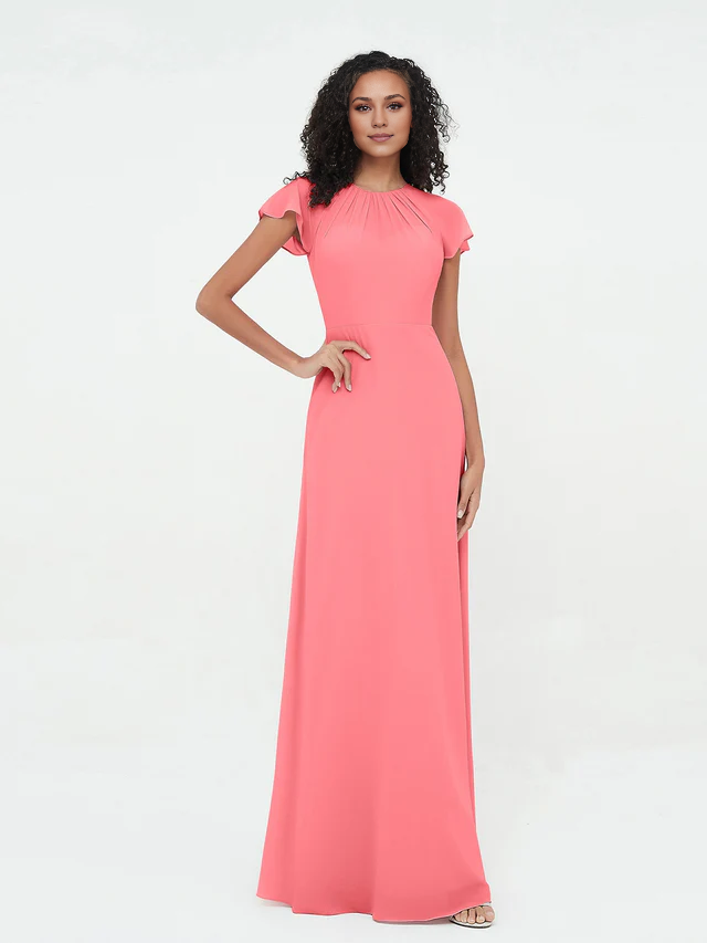 Chiffon Short-Sleeve Round Neck Ruched Bodice A-Line Floor-Length Bridesmaid Dresses