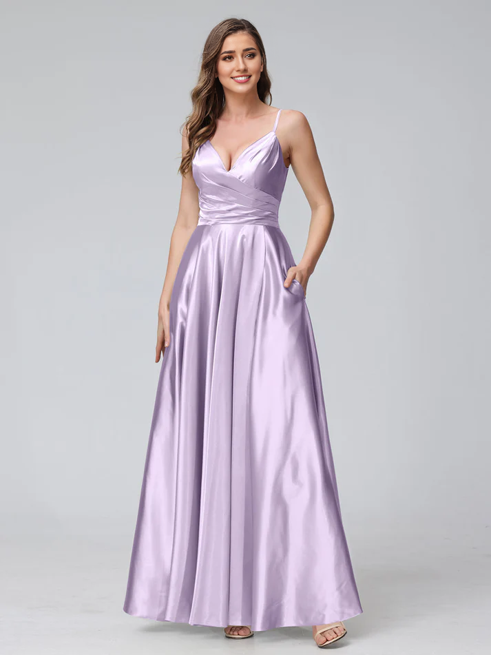 Satin Spaghetti-Strap Sweetheart Neckline Ruched Side A-Line Floor-Length Elegant Bridesmaid Dress