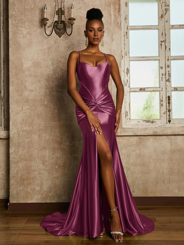 Satin Spaghetti-Strap Ruched Bodice High-Slit Sheath Train Floor-Length Bridesmaid Dresses
