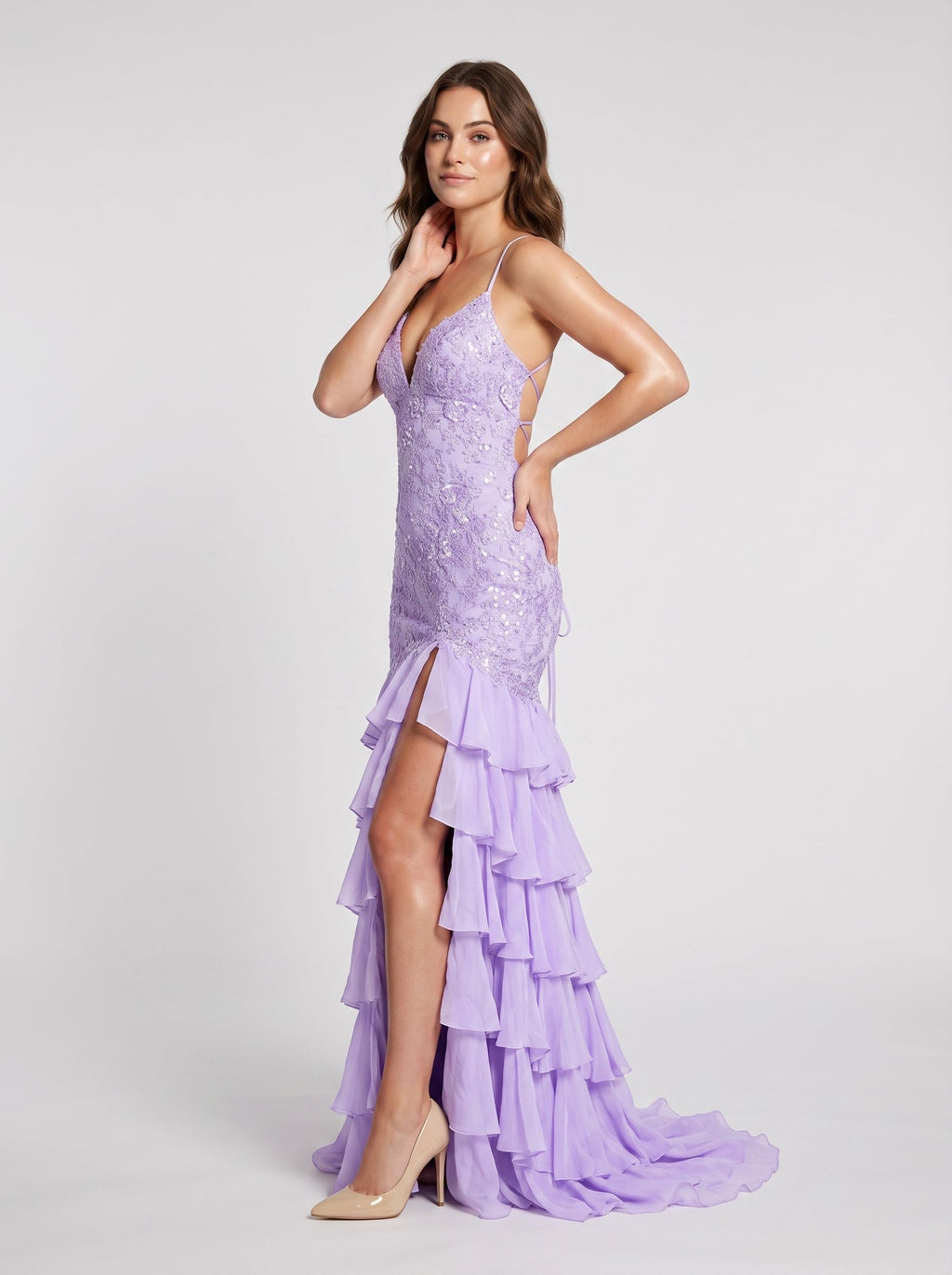 Lilac Chiffon Mermaid V-Neck Lace-up Floor-Length Dress with Cascading Ruffles
