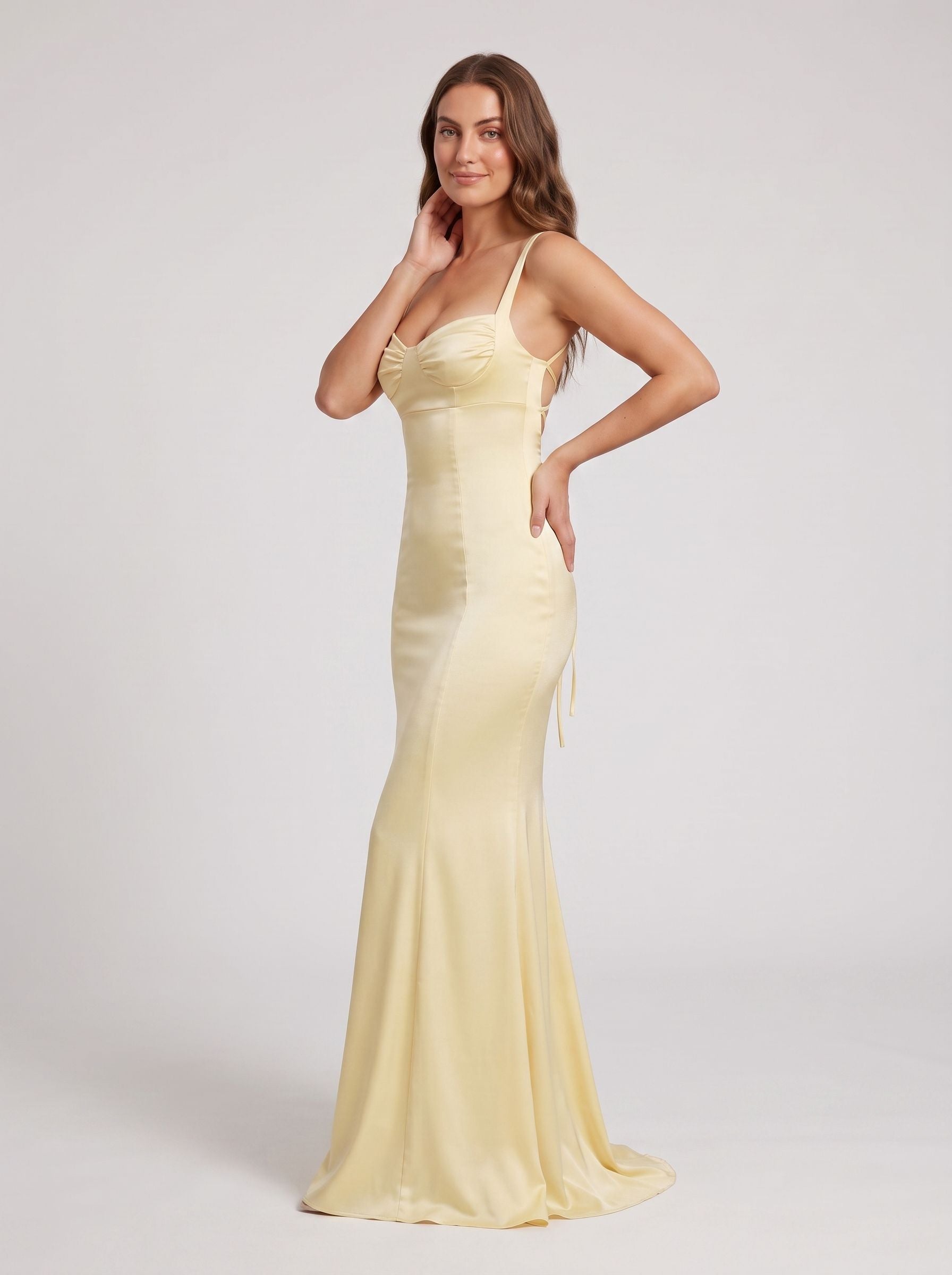 Daffodil Satin Mermaid Sweetheart Criss-Cross Straps Floor-Length Dress with Pleats