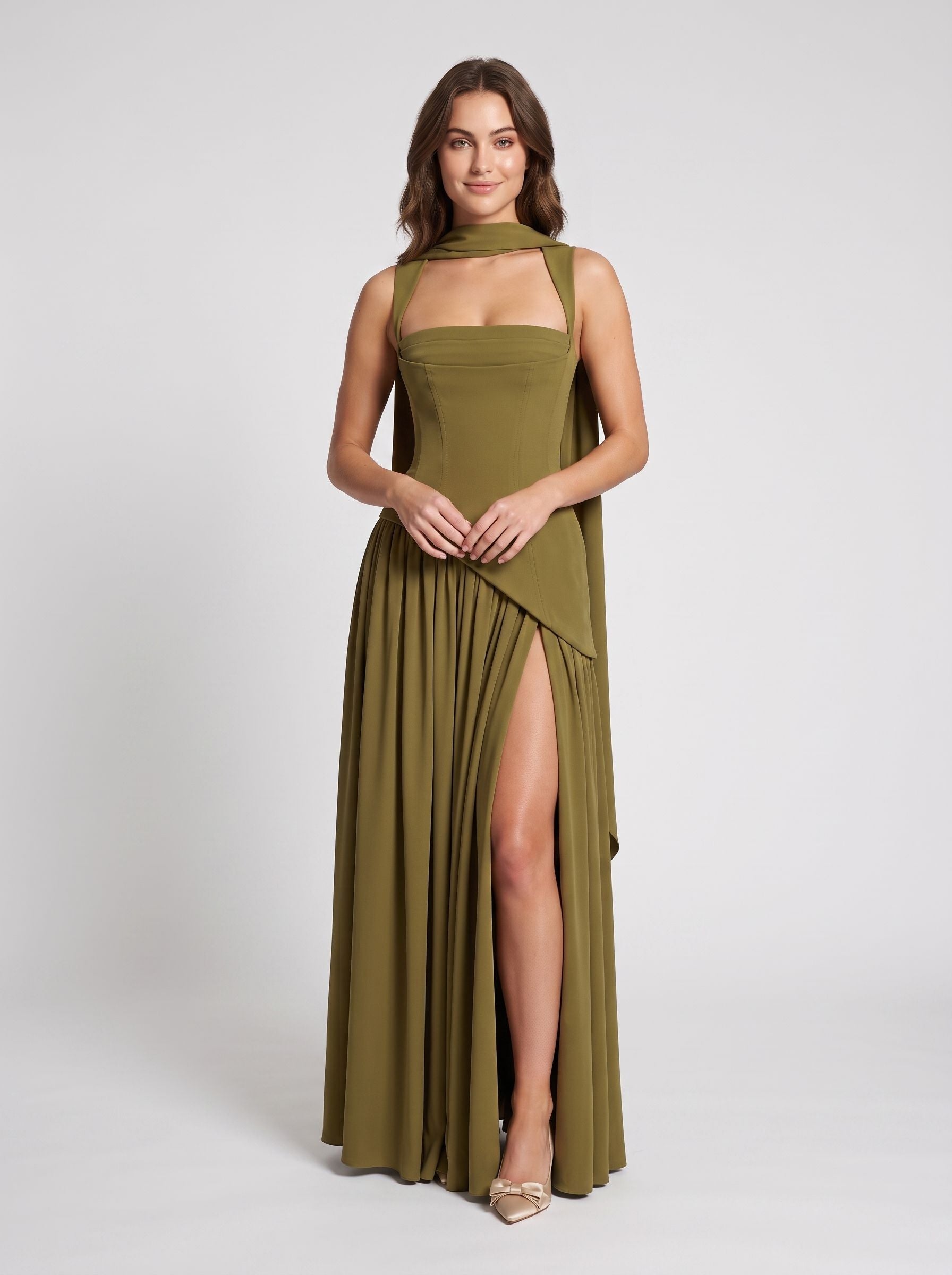 Olive Green Chiffon A-Line Square Neck Lace-up Floor-Length Dress