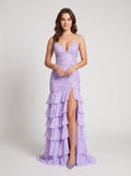 Lilac Chiffon Mermaid V-Neck Lace-up Floor-Length Dress with Cascading Ruffles