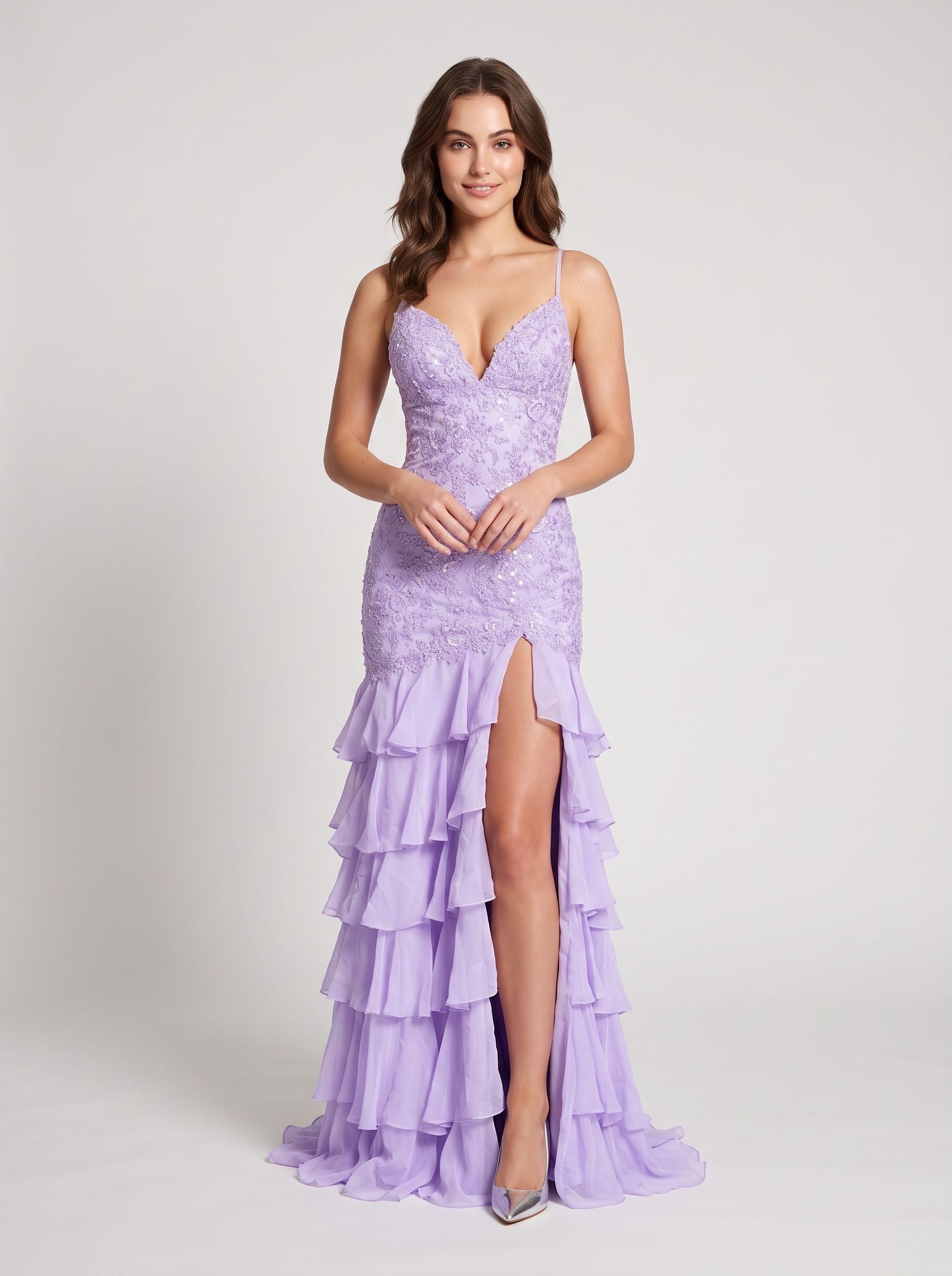 Lilac Chiffon Mermaid V-Neck Lace-up Floor-Length Dress with Cascading Ruffles