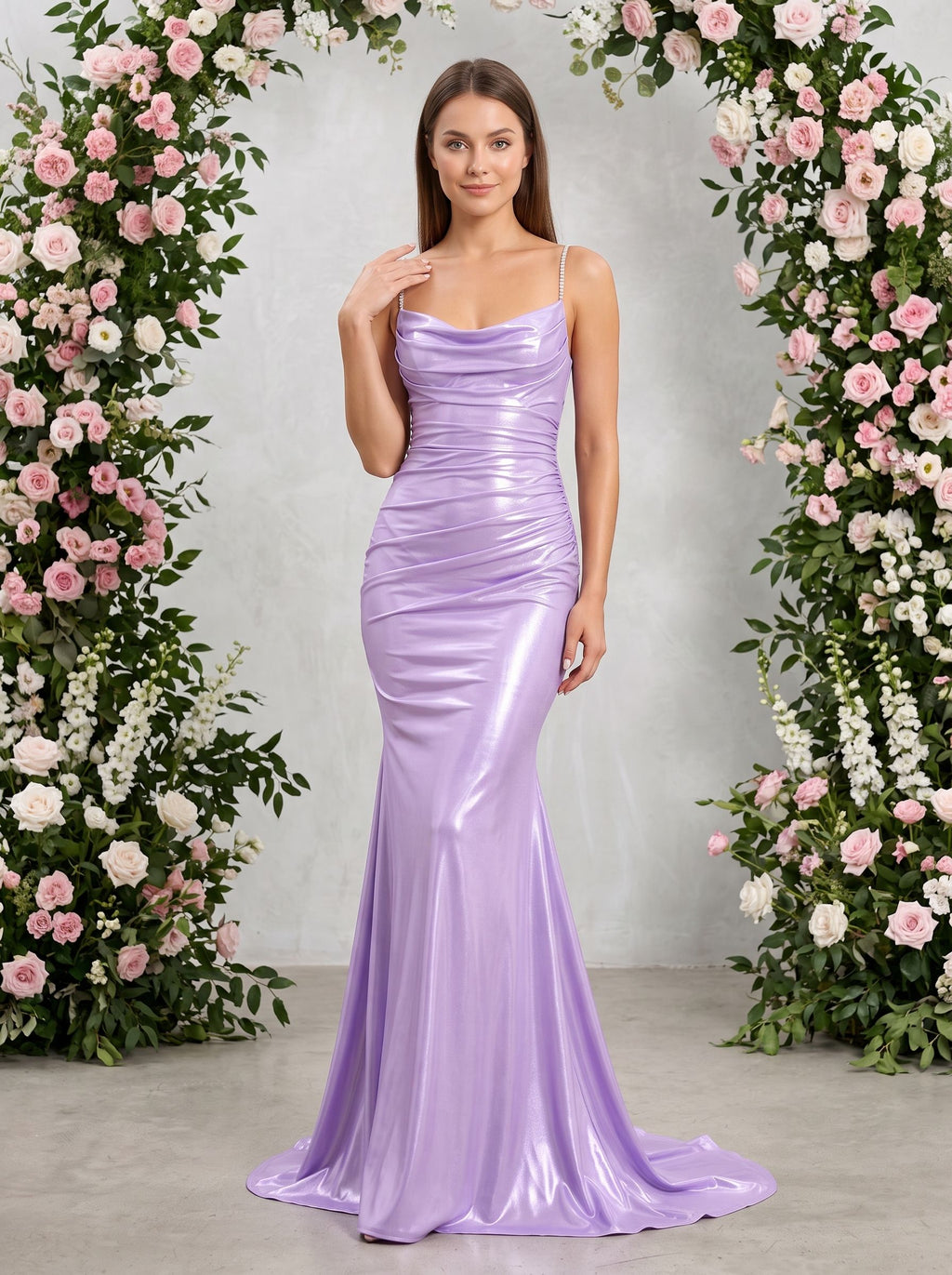 Lavender Satin Mermaid Cowl Neck Back Zip Floor-Length Dress with Draped Neckline
