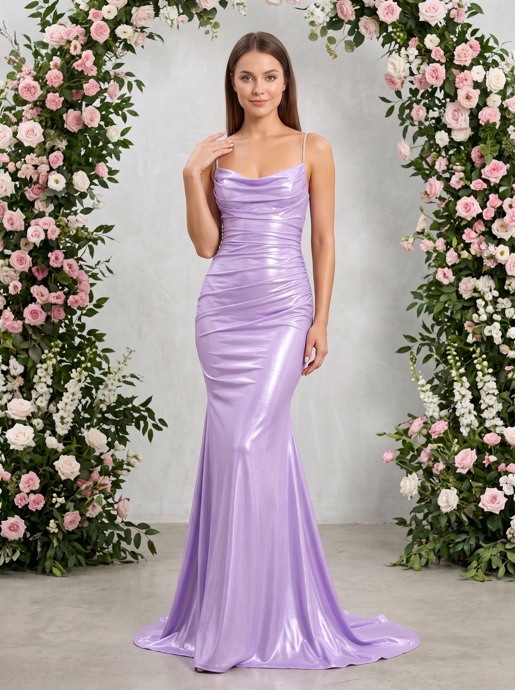 Lavender Satin Mermaid Cowl Neck Back Zip Floor-Length Dress with Draped Neckline