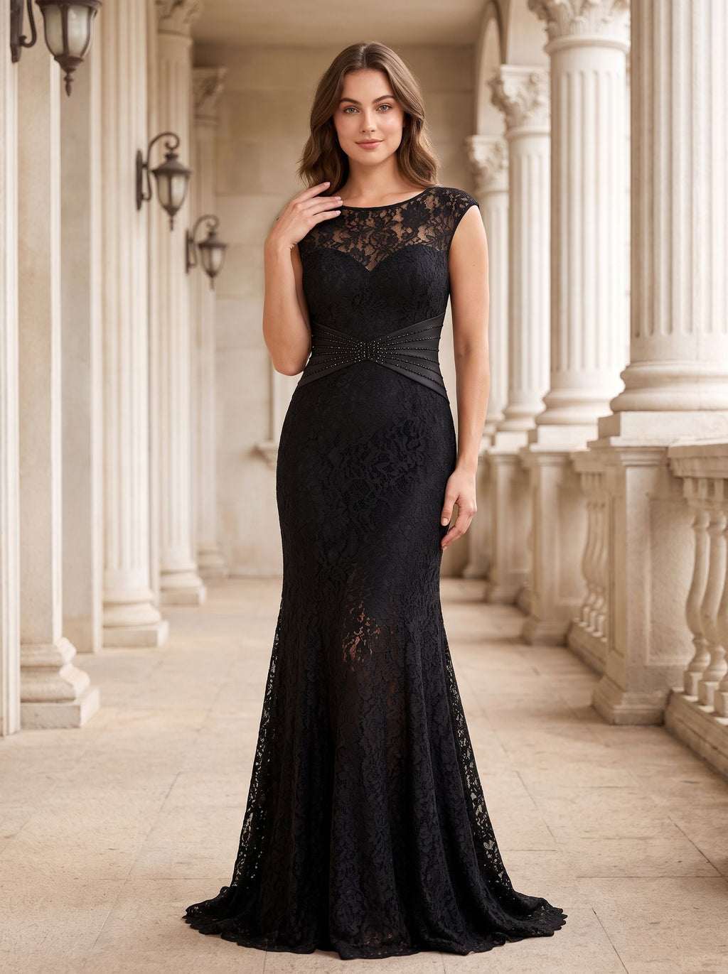 Black Lace Mermaid Scoop Neck V-Back Floor-Length Dress with Beaded bodice & Cap sleeves