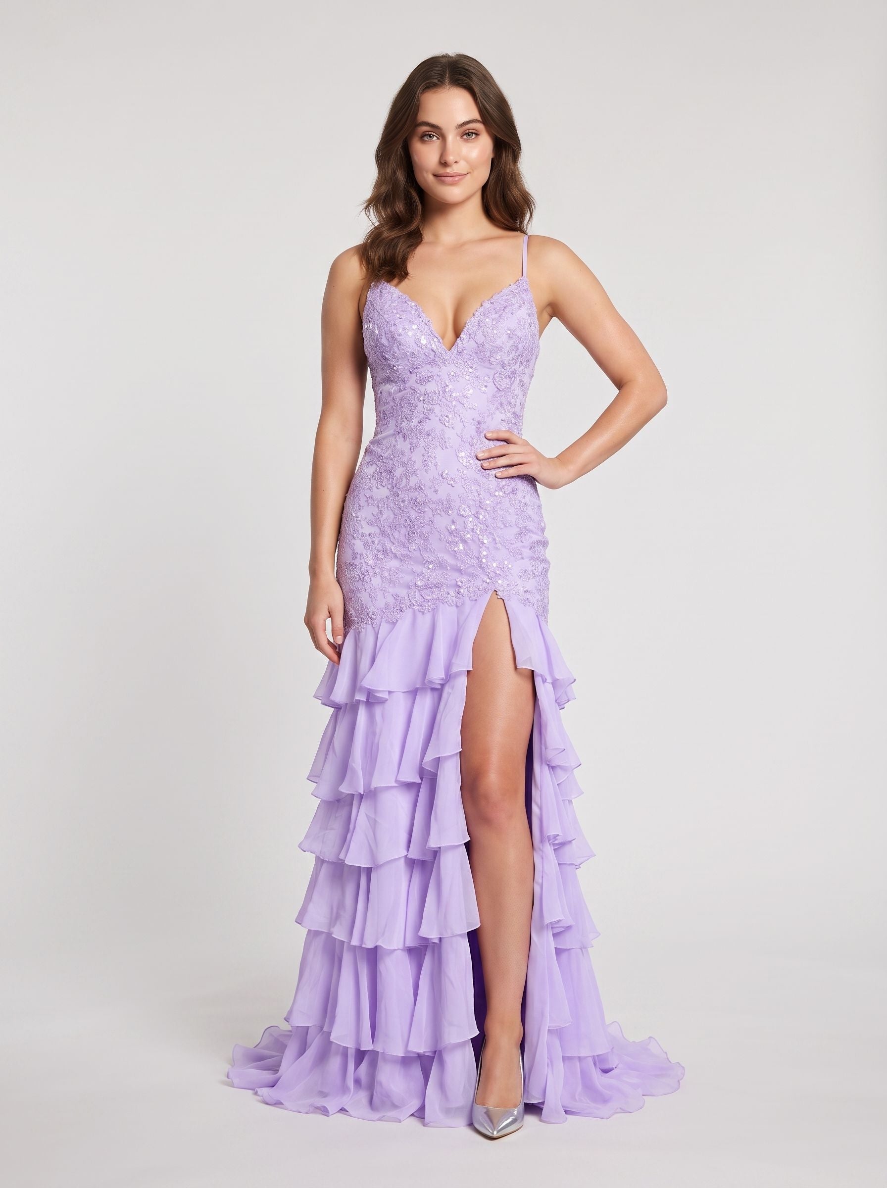 Lilac Chiffon Mermaid V-Neck Lace-up Floor-Length Dress with Cascading Ruffles