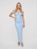 Sky Blue Satin Sheath Off-the-Shoulder Back Zip Ankle-Length Dress with Ruching