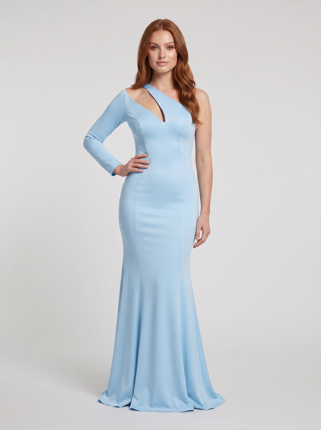 Sky Blue Matte Satin Trumpet One Shoulder Back Zip Floor-Length Dress with Single Sleeve