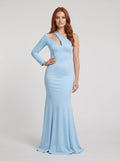 Sky Blue Matte Satin Trumpet One Shoulder Back Zip Floor-Length Dress with Single Sleeve