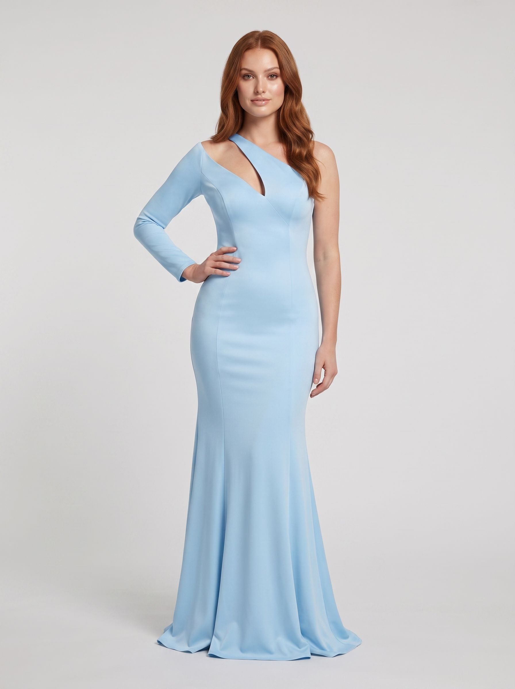 Sky Blue Matte Satin Trumpet One Shoulder Back Zip Floor-Length Dress with Single Sleeve