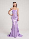 Lavender Satin Mermaid Cowl Neck Back Zip Floor-Length Dress with Draped Neckline