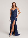 Navy Blue Sequins Mermaid V-Neck Lace-up Floor-Length Dress with High Slit