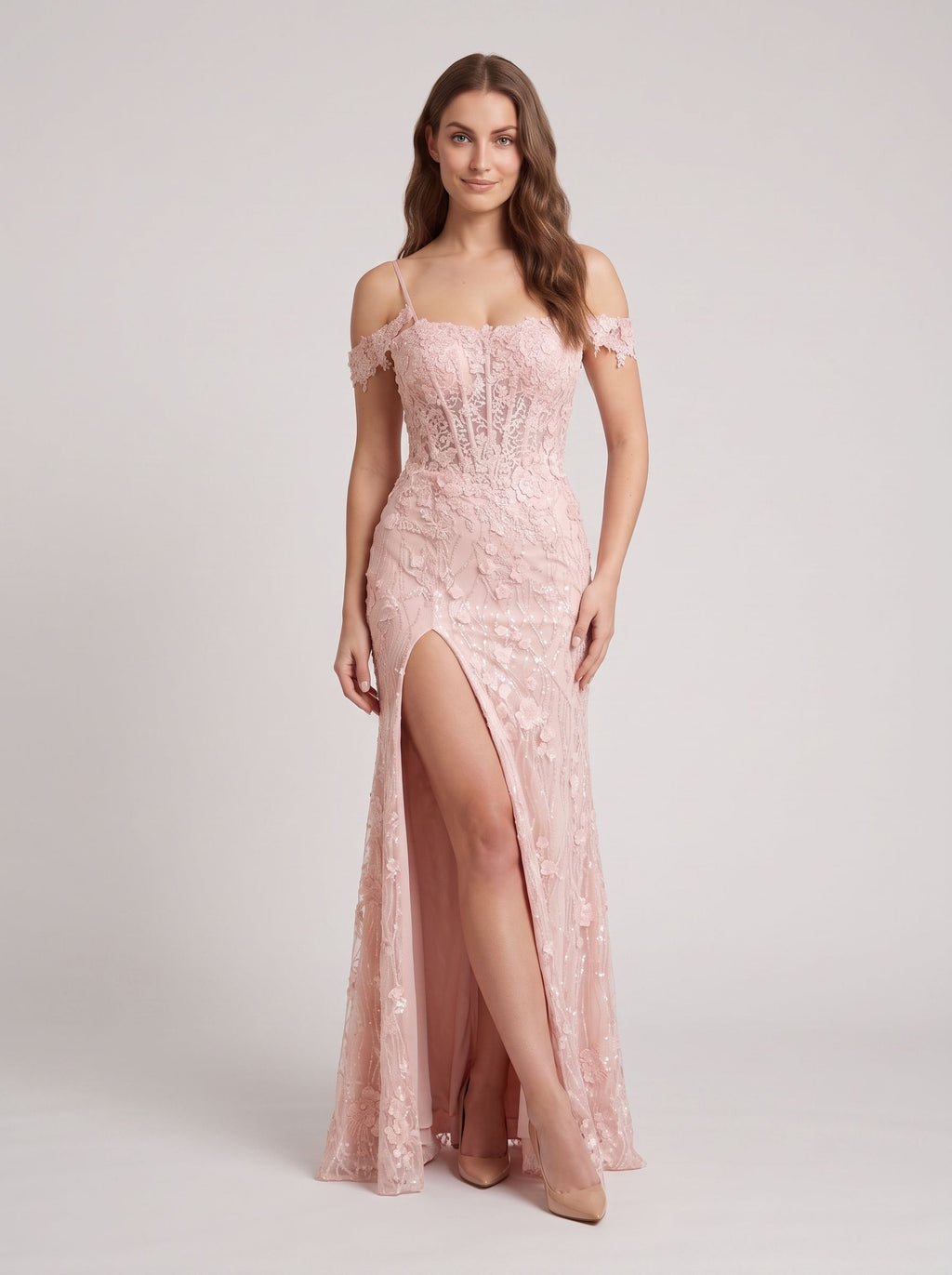 Blushing Pink Tulle Mermaid Off-the-Shoulder Back Zip Floor-Length Dress with Appliques