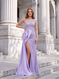 Lavender Satin Sheath One Shoulder Back Zip Floor-Length Dress with 3D Rosette and High Slit