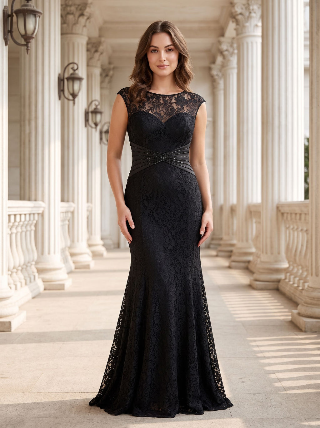 Black Lace Mermaid Scoop Neck V-Back Floor-Length Dress with Beaded bodice & Cap sleeves