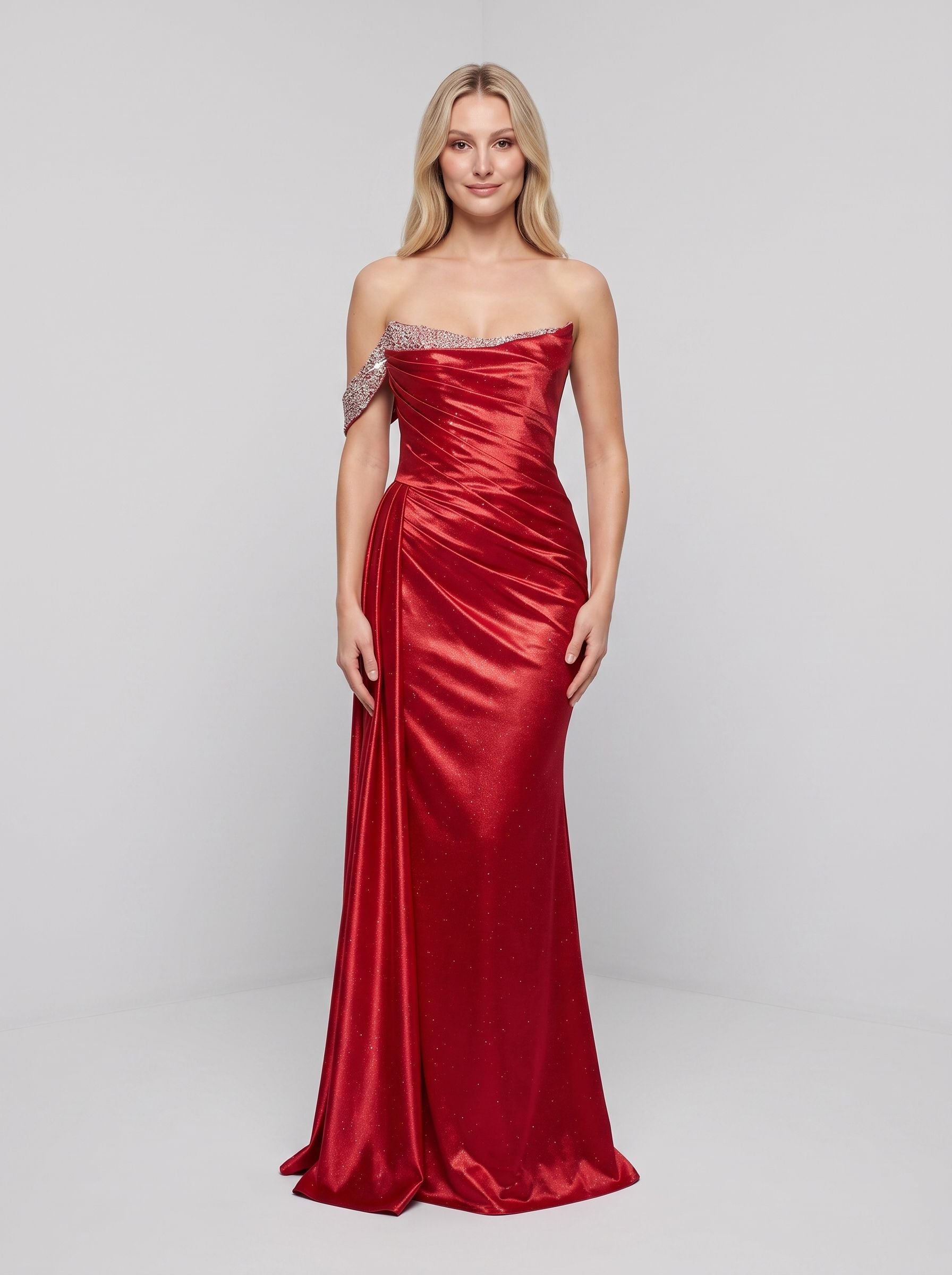 Red Glitter Trumpet One Shoulder Backless Floor-Length Dress with Beaded Draped Sleeve