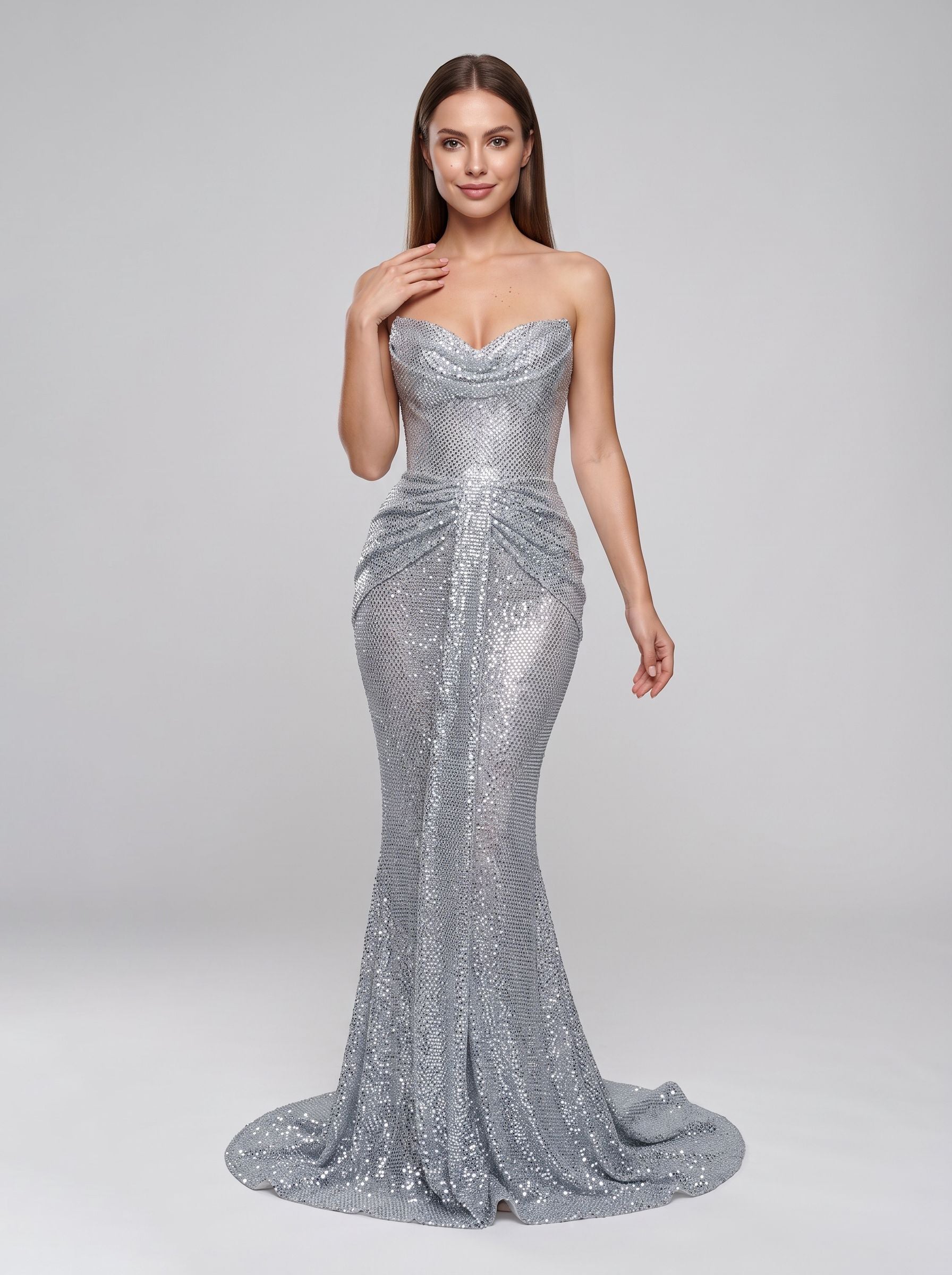 Silver Sequins Sheath V-Neck Corset Back Floor-Length Dress with metallic shimmer