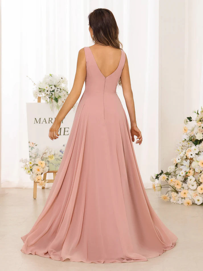 Chiffon Spaghetti-Strap V-Neck Ruched Bodice High-Slit A-Line Floor-Length Blush Pink Bridesmaid Dresses